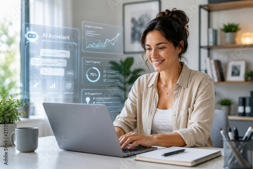 Woman Using AI Assistant While Working on Laptop in Modern Home Office