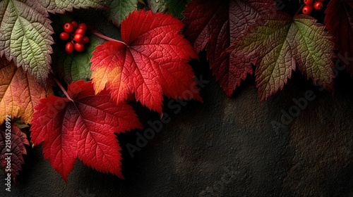 Close-up of vibrant fall foliage with red and green leaves and berries against a dark backdrop