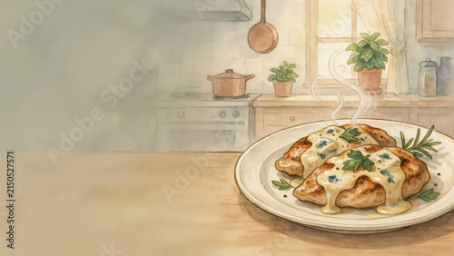 The national dish of Italian cuisine. 
Pollo alla gorgonzola is an Italian dish of fried chicken fillet stewed in a delicate sauce of blue gorgonzola cheese. A photo with a place for the text. 