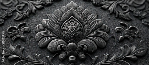 Intricate relief carving featuring floral and foliate motifs, rendered in shades of grey, on textured background