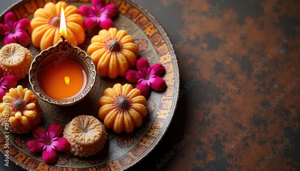 Fototapeta premium Indian festival decor with vibrant sweets, candles, and flowers arranged on decorative plate for celebration. Indian festival setup includes colorful sweets, flickering candle,