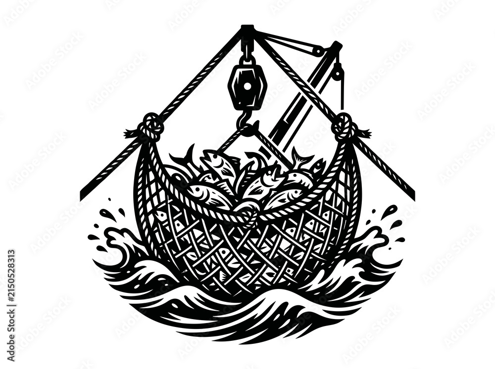 Obraz premium Fishing Industry: Crane Lifting Full Fish Net with Catch from Ocean Waves - Black White Woodcut Style Illustration