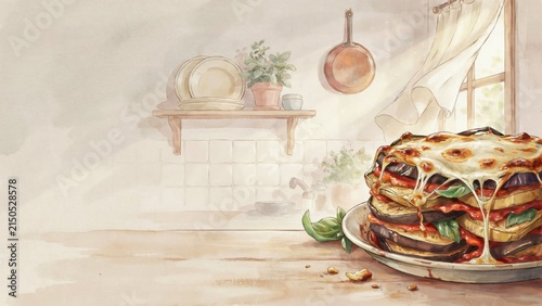 The national dish of Italian cuisine. 
Parmigiana di melanzane is a casserole made from fried eggplant slices, layered with tomato sauce, basil and stringy mozzarella. A photo with a place for the tex
