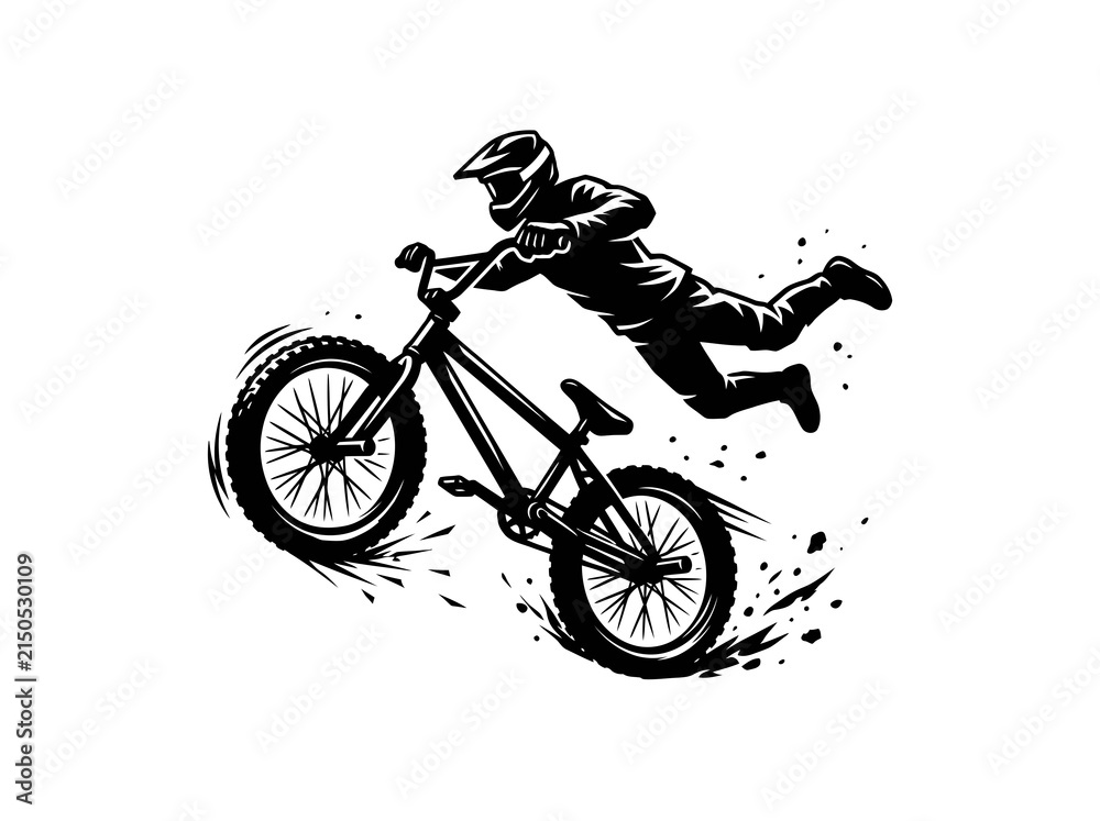 Fototapeta premium Dynamic BMX Bike Rider Stunt Black White Vector Illustration for Action Sports