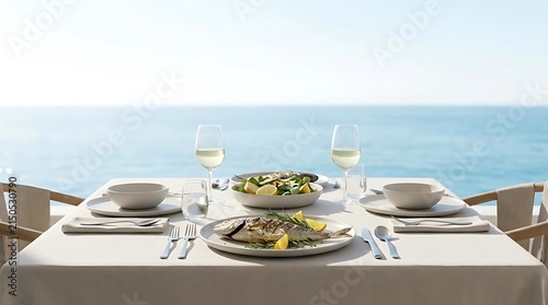 An elegant oceanfront dinner banners setting featuring a delicious fresh whole grilled fish meal with white wine overlooking the calm turquoise blue sea