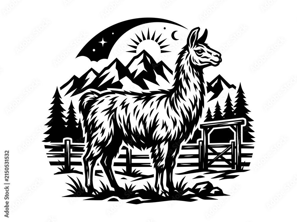 Fototapeta premium Black and White Llama in Mountain Landscape Silhouette Art