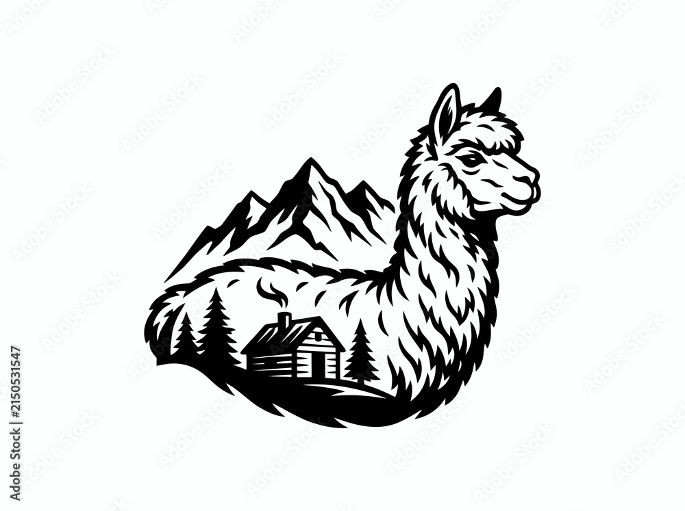 Fototapeta premium Black and White Silhouette of Llama with Mountains and Cabin, Vector Art