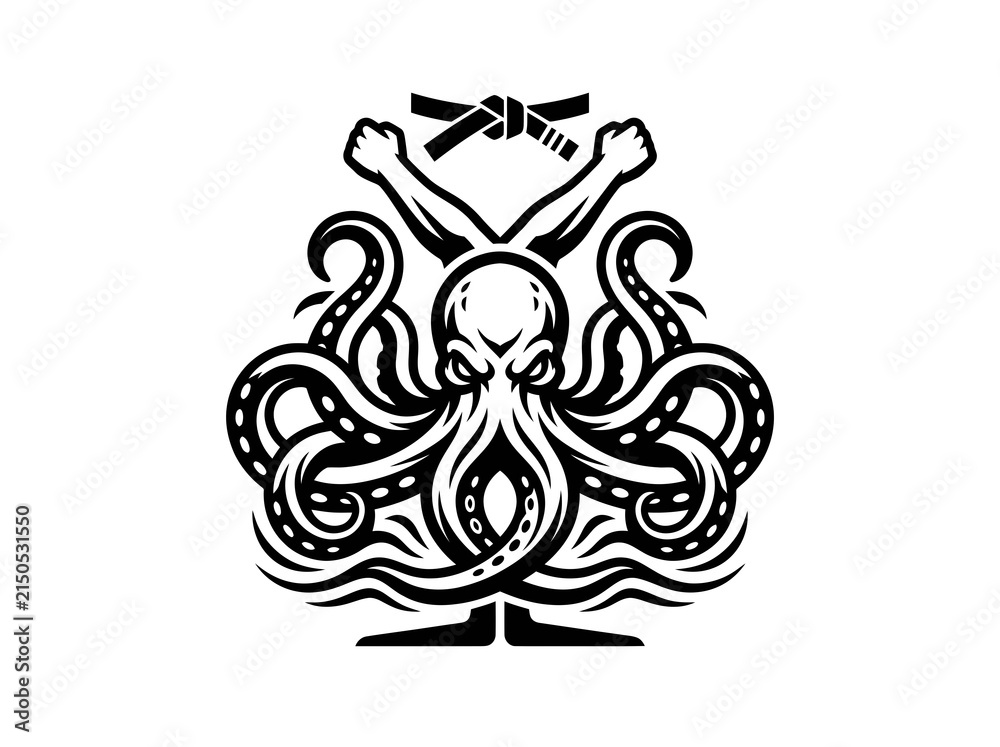 Fototapeta premium Black and White Octopus with Martial Arts Belt and Fists Vector