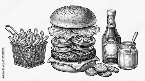 Burger with fries and drink vintage engraving fast food illustration isolated on transparent background