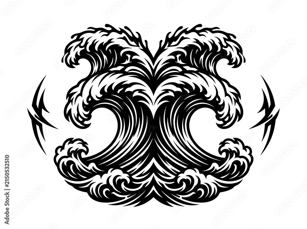 Fototapeta premium Black White Symmetrical Ocean Waves Tribal Vector Graphic Art for Watersports Surf Culture