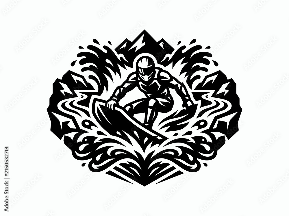 Fototapeta premium Action Water Sports Wakeboarder Surfer Rider Vector Emblem Logo Black and White Illustration