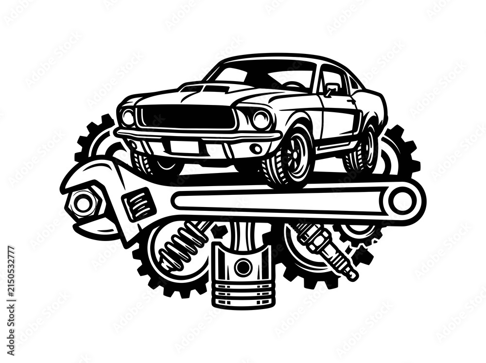 Obraz premium Black and White Line Art of Classic Car and Auto Repair Tools