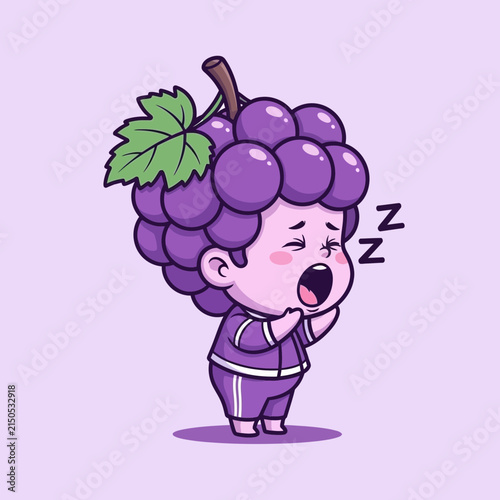 Cute cartoon grape character sleeping with open mouth.