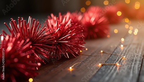 Decorative red tinsel garland on wooden table with warm fairy lights glowing in background. Tinsel garland adds festive charm and brightens up holiday celebrations. Concept for Christmas decorations.