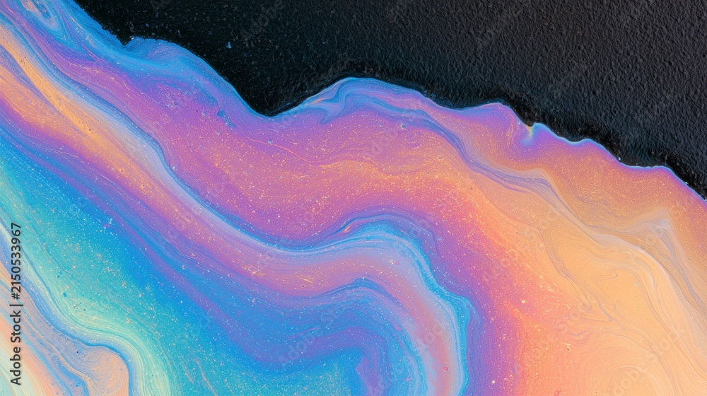 Fototapeta premium Pastel Rainbow Sheen along Textured Dark Water