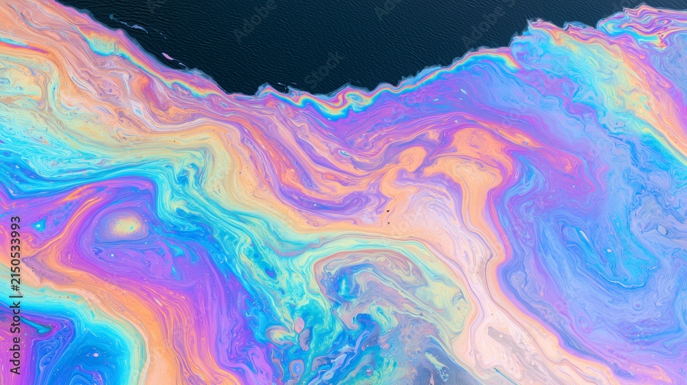 Fototapeta premium Iridescent Oil Sheen Flowing across Dark Water