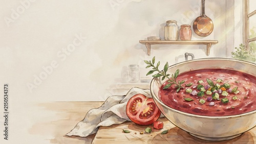 The national dish of Spanish cuisine. 
Gazpacho with tarragon is a Spanish cold tomato and cucumber soup, complemented by a spicy note of fresh tarragon. A photo with a place for the text. 
