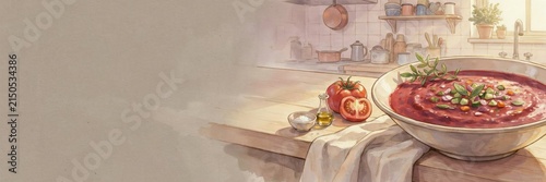 The national dish of Spanish cuisine. 
Gazpacho with tarragon is a Spanish cold tomato and cucumber soup, complemented by a spicy note of fresh tarragon. A banner with space for the text. 