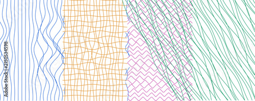 Dynamic graphic design featuring a collection of wavy and zigzag line patterns in blue and green, abstract
