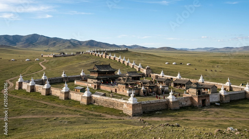 Ancient Mongolian Monastery Fortress with Stupas and Yurts in Vast Landscape