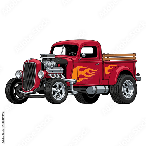 Vintage Hot Rod Truck - Classic Red Pickup with Flames Illustration