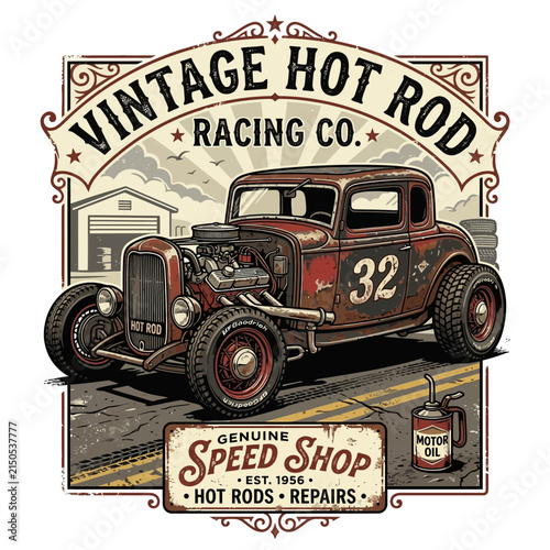 Vintage Hot Rod Racing Co. Emblem with Classic Car and Speed Shop Sign