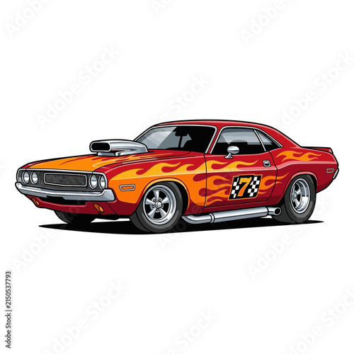 Vintage Muscle Car Flames Racing Number 7 Vector Art
