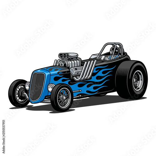 Vintage Hot Rod Car Illustration - Blue Flames, Chrome Engine, White Background