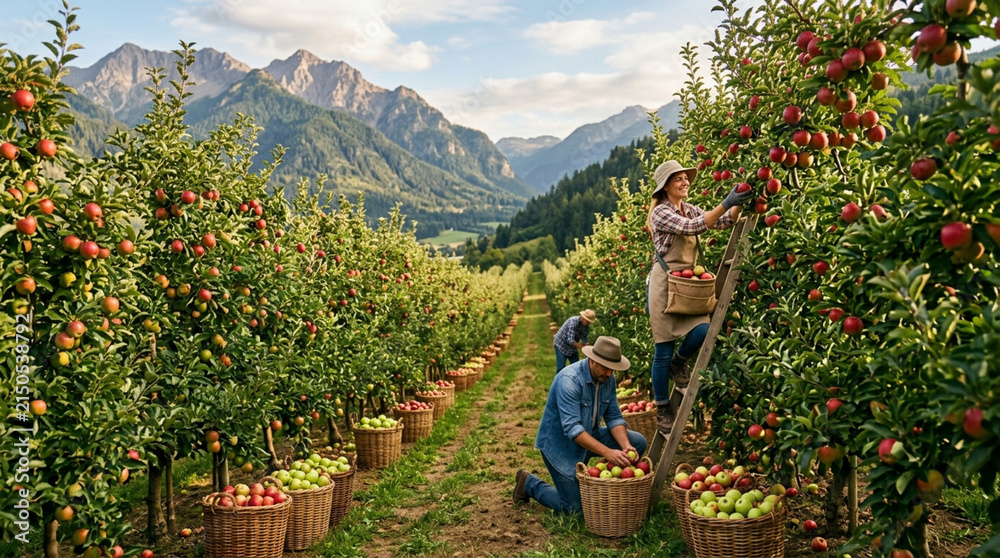 Fototapeta premium Apple orchard harvest with distant mountains and farmers picking fruit