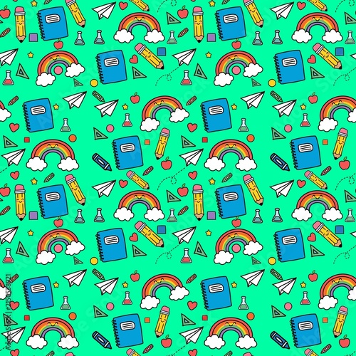 Cute Back to School Seamless Pattern with Doodles of School Supplies and Rainbows on Green Background