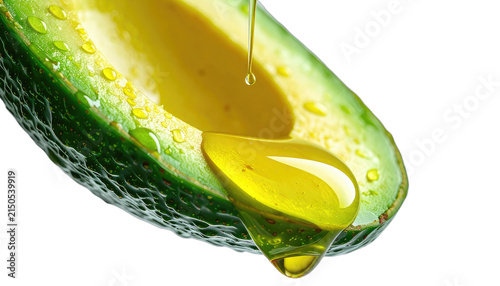A ripe avocado half with a glistening drop of golden oil cascading down its surface. isolated on white background
