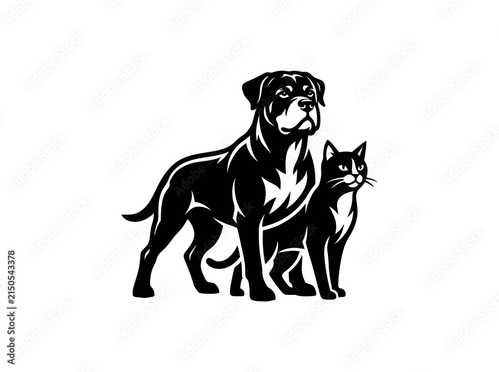 Obraz premium Pet Dog and Cat Black and White Stylized Vector Illustration for Veterinary and Animal Care Industry