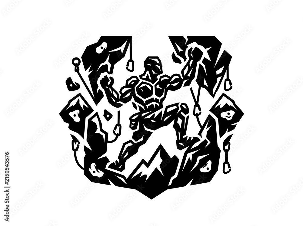 Fototapeta premium Strong Rock Climber on Climbing Wall with Gear - Stylized Black White Glyph Illustration for Sports