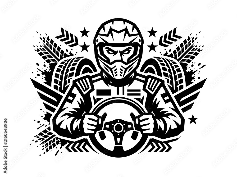 Fototapeta premium Motorsport Racing Driver with Helmet and Steering Wheel Emblem - Dynamic Black White Vector Illustration