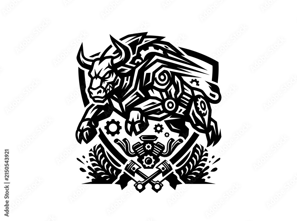 Fototapeta premium Black and white mechanical bull illustration, automotive engine and pistons