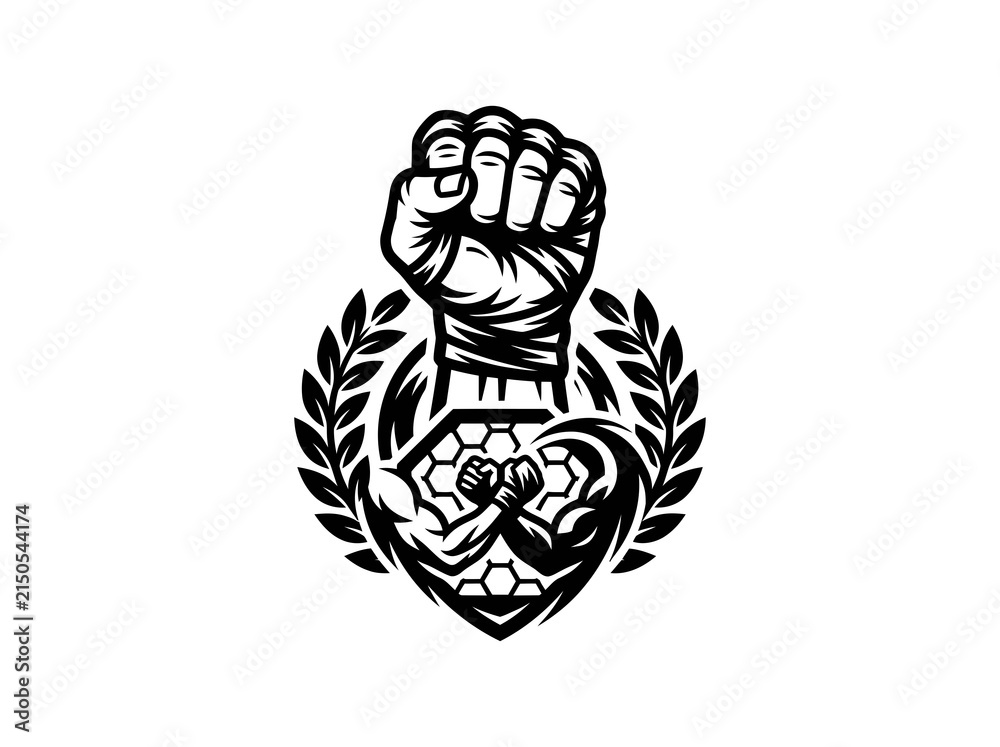 Obraz premium Black White Vector Emblem: Raised Fist, Arm Wrestling Laurel Wreath for Combat Sports Fitness