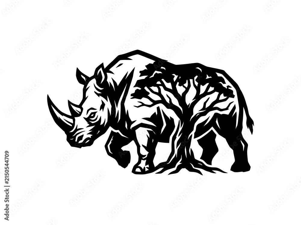 Obraz premium Black and White Vector Art of a Rhinoceros with Tree Design
