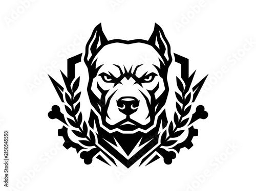 Fierce Pitbull Dog Head Emblem Black and White Vector Art