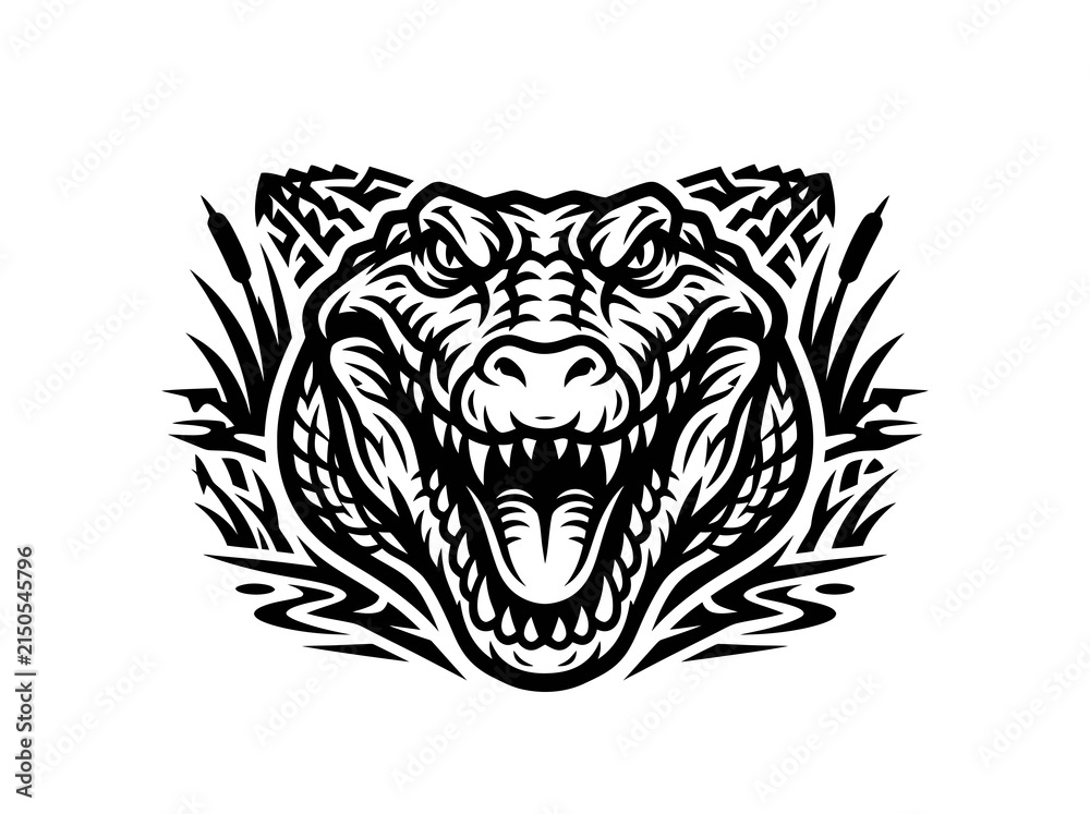 Fototapeta premium Black and White Vector Art of Fierce Alligator Head with Tribal Ornaments