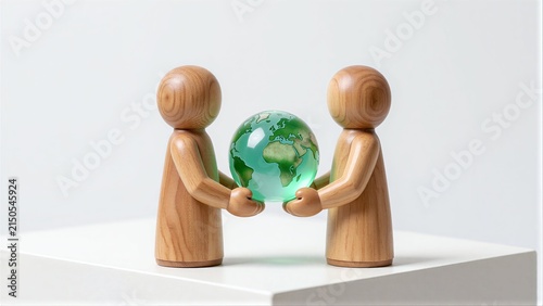 Two wooden figures jointly hold a green globe, symbolizing global unity and cooperation.
