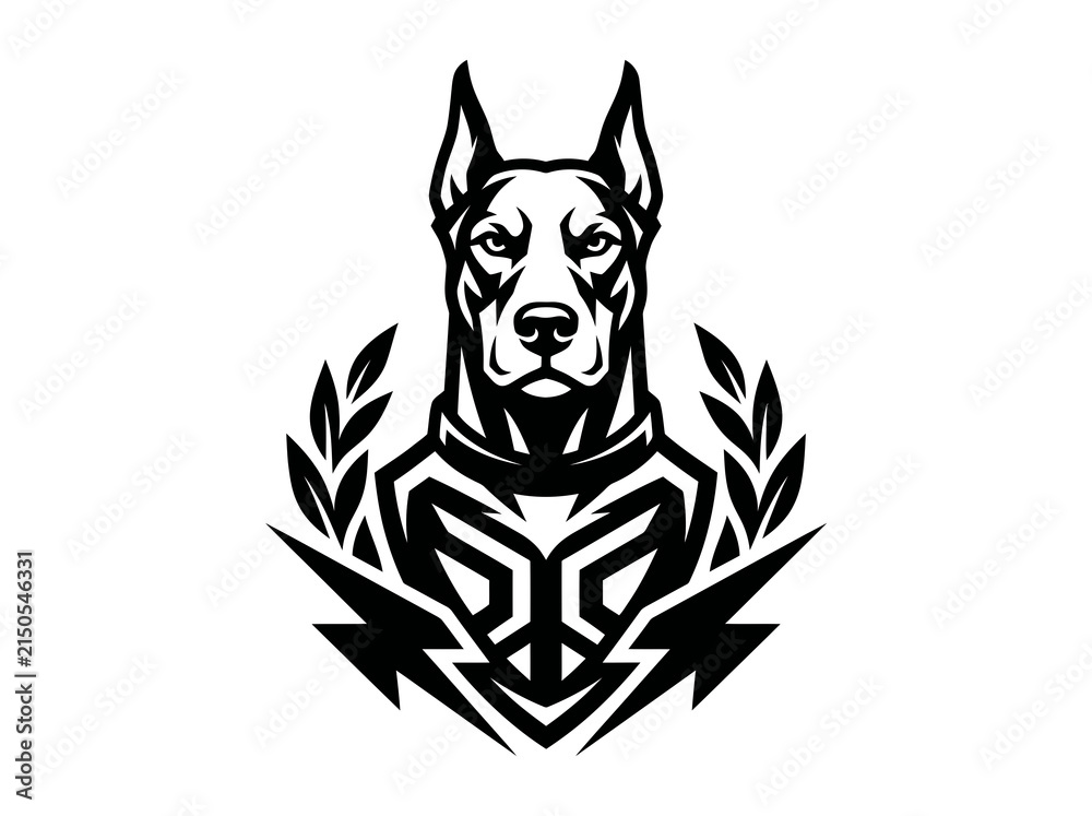 Fototapeta premium Black and White Doberman Dog Head Emblem with Laurel Wreath and Lightning Bolts