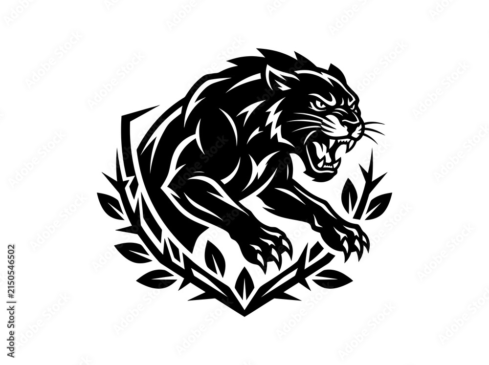 Fototapeta premium Furious Panther Mascot Logo - Black and White Stylized Vector Illustration for Sports, Gaming, or Security Branding