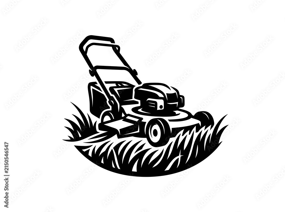 Obraz premium Landscaping Lawn Care Service Lawnmower Mowing Grass Black and White Monochrome Vector Illustration