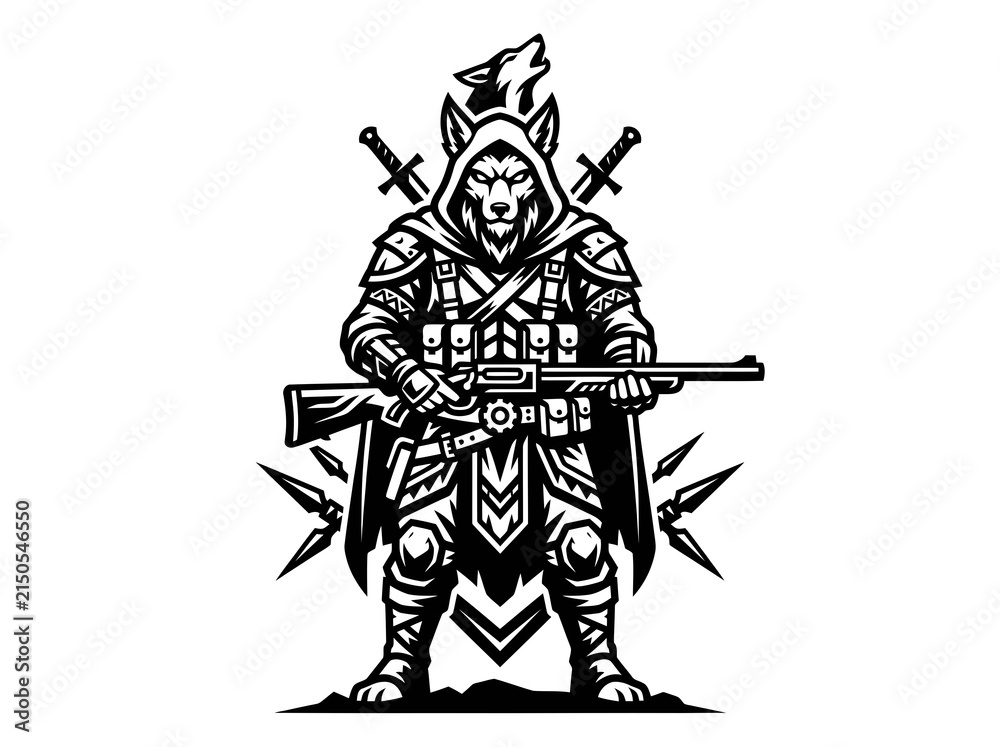 Obraz premium Black and White Warrior Wolf with Rifle and Swords Vector Art
