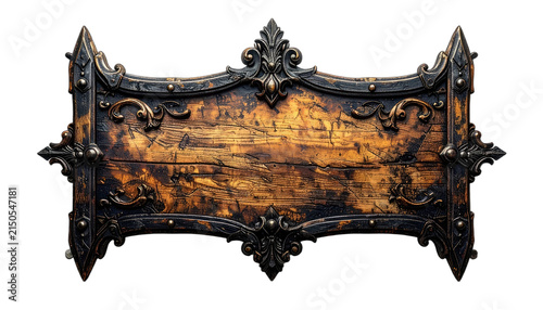 A decorative wooden sign with ornate metal embellishments. isolated on white background