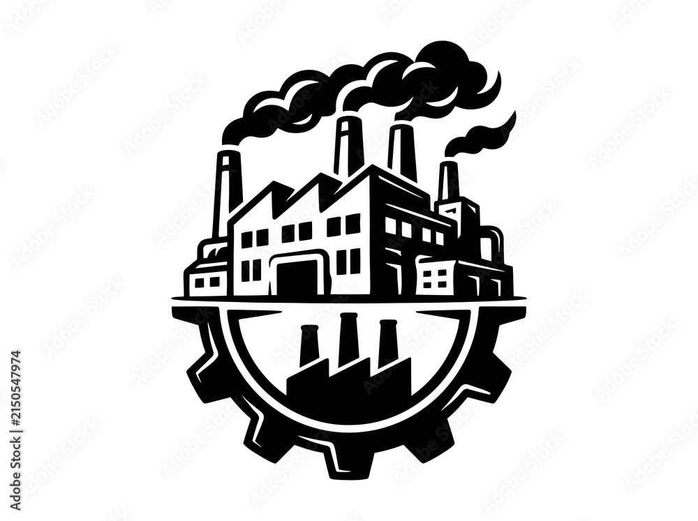 Obraz premium Manufacturing Industrial Factory Logo with Smoking Chimneys on Gear - Black and White Stylized Vector Art