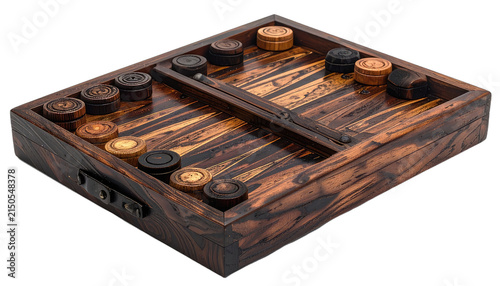 A close-up, eye-level shot of a vintage wooden backgammon set with checkers arranged on the board. isolated on white background
