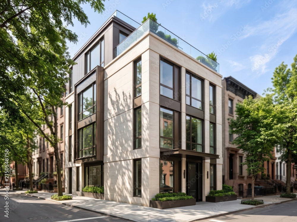 Fototapeta premium Modern corner townhouse with glass rooftop terrace and trees