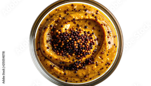 A close-up overhead view of whole grain mustard in a glass container. isolated on white background