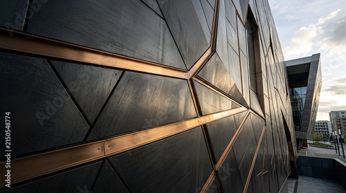 Modern Architecture Facade with Geometric Metallic Panels and Copper Accents